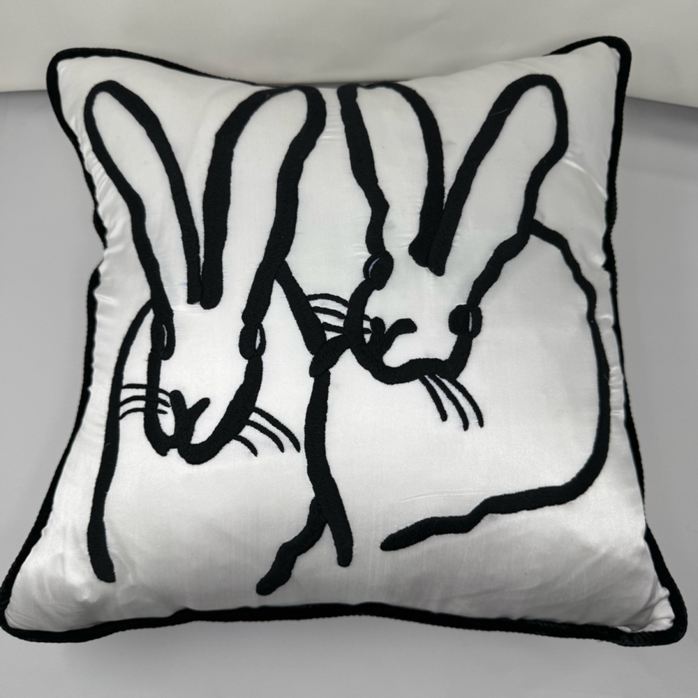Hunt Slonem White Throw Pillow with Black Rabbit Line Art
